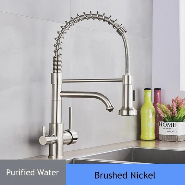 Miscelatore da cucina con erogatore di acqua potabile filtrata, doccetta estraibile, rotazione a 360°, due manopole, montaggio su un foro, erogazione di acqua calda e fredda, finitura in nichel spazzolato