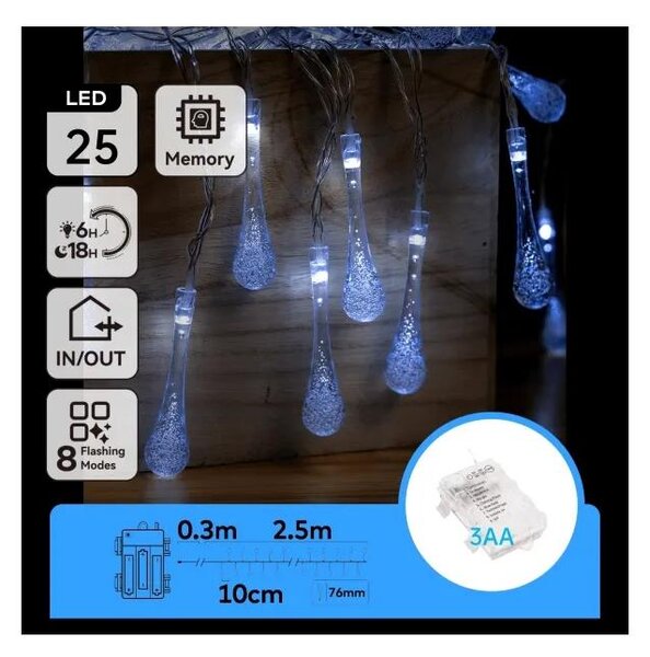 Aigostar - Catena LED natalizia da esterno 25xLED/8 funzioni 3xAA 2,5m IP44 bianco freddo gocce