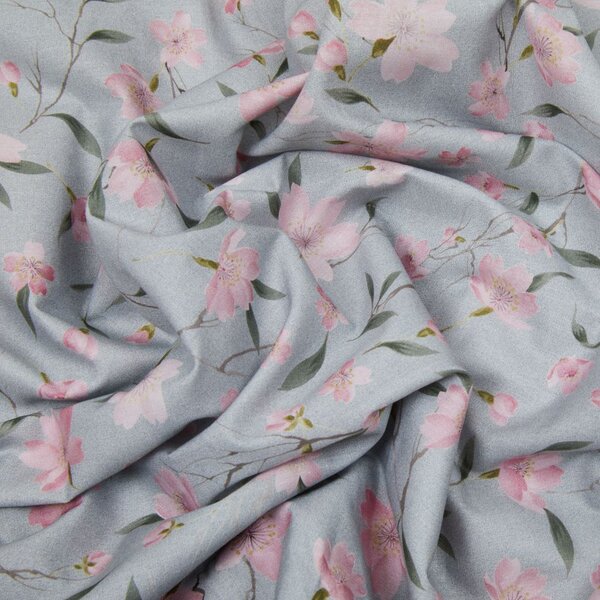 Completo Lenzuola In Percalle Cherry-tree Matrimoniale - 250X290 175X205 + 2 Federe 50X80 Emporium Floreale Grigio Caleffi