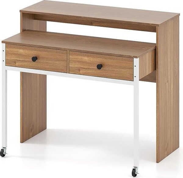 Postazione di lavoro allungabile, scrivania per computer con 2 ampi ripiani superiori e 2 vani portaoggetti, design con rotelle, 100 x 63 x 88 cm, colore naturale