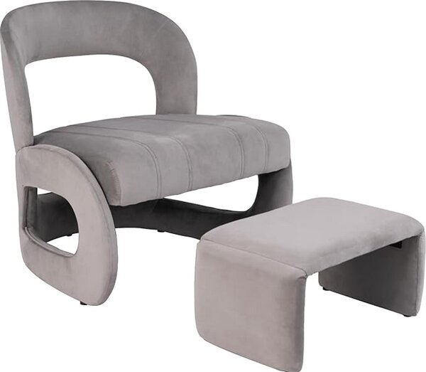 Poltrona con poggiapiedi, poltrona in velluto e pouf con schienale ricurvo, seduta imbottita in schiuma, piedini antiscivolo, design elegante, ingombro ridotto, grigio