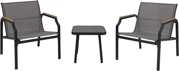 Set di mobili da giardino a 3 pezzi, poltrona da giardino con braccioli e schienale alto e tavolino, set di tavolo e sedia con robusta struttura in metallo