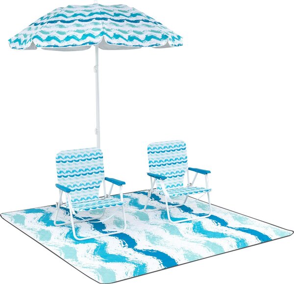 Set da spiaggia 4 pezzi, 2 sedie da spiaggia con tappetino, ombrellone staccabile in 3 sezioni con borsa per il trasporto, design inclinabile a 30°, blu