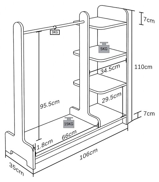Appendiabiti VCM, H 124 x L 106 x P 35 cm con ripiano e asta portabiti; appendiabiti a vista per camera da letto, ingresso o spogliatoio - Lempu L