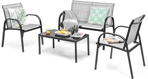 Set di mobili da giardino, set di mobili da giardino con tavolino e panca da giardino e 2 sedie da pranzo, set di mobili da balcone in textilene per 4 persone (grigio)