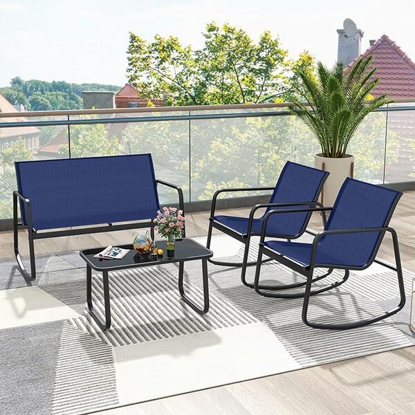 4 TLG. Set da salotto per mobili da giardino, set da salotto per giardino con tavolino e panca da giardino e 2 sedie a dondolo, con dolce movimento a dondolo, blu