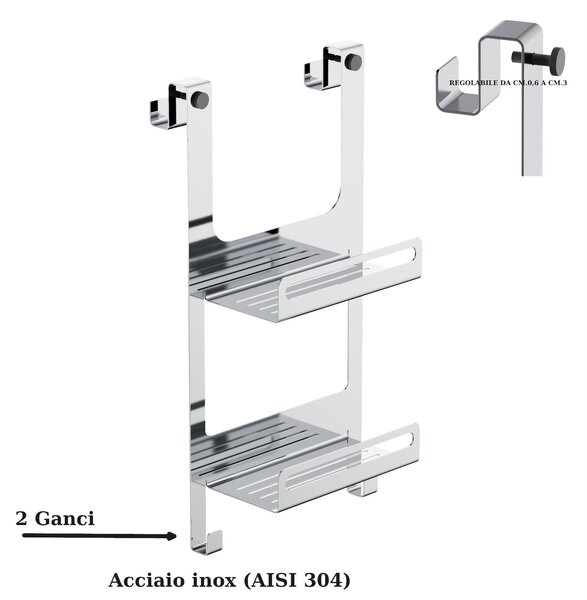 Griglia doccia a due piani in Acciaio AISI 304 lucido Dimensioni 30x12x h 58 cm con 2 ganci Fissi x Asciugamani , Accappatoi inalterabile nel tempo