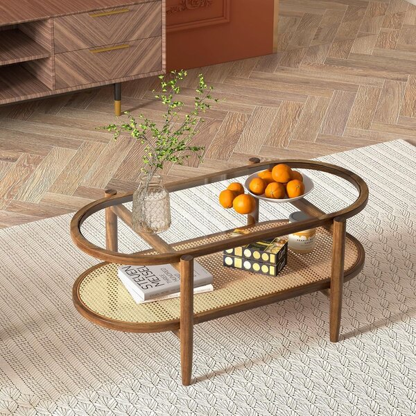 Tavolino ovale in legno massello, tavolino da caffè e da tè con piano in vetro e ripiano in rattan, tavolino da salotto in stile rustico, tavolino da tè 102 x 56 x 47 cm, tavolino decorativo da salotto, marrone