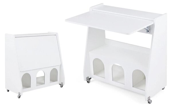 KOMFOTTEU Scrivania con rotelle, scrivania per computer con piano ribaltabile, 2 ripiani e 2 scomparti, tavolino mobile per laptop con spazio contenitivo, scrivania in piedi per soggiorno, camera da letto e ufficio, 78,5 x 57,5 x 80 cm