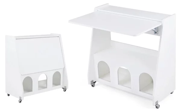 KOMFOTTEU Scrivania con rotelle, scrivania per computer con piano ribaltabile, 2 ripiani e 2 scomparti, tavolino mobile per laptop con spazio contenitivo, scrivania in piedi per soggiorno, camera da letto e ufficio, 78,5 x 57,5 x 80 cm
