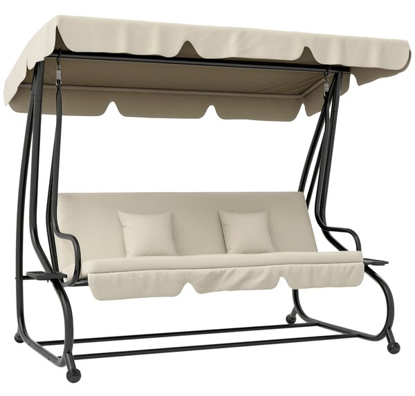 Outsunny Dondolo Letto da Giardino con Tettuccio Regolabile e Vassoi, in Acciaio e Teslin, 200x120x164 cm, Crema