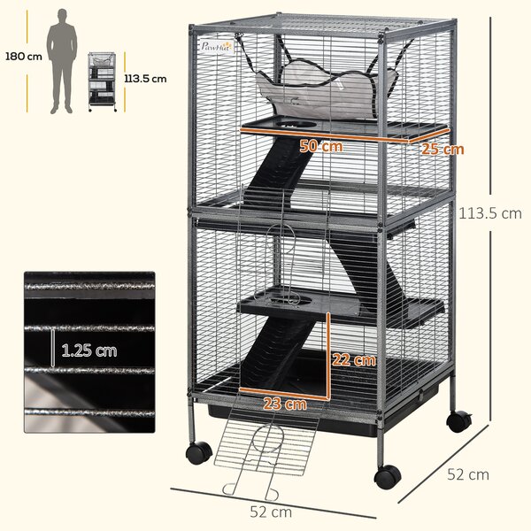 PawHut Gabbia per animali piccoli o roditori con piattaforma rampa vassoio rimovibile amaca 4 ruote telaio in acciao 52 x 52 x 113.5cm|Aosom