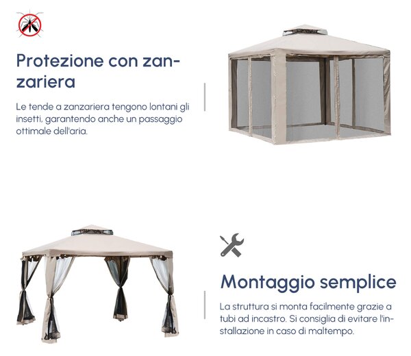Outsunny Tenda Gazebo da Giardino con Zanzariera, Struttura in Metallo Copertura in Poliestere, 294x294cm, Talpa|Aosom