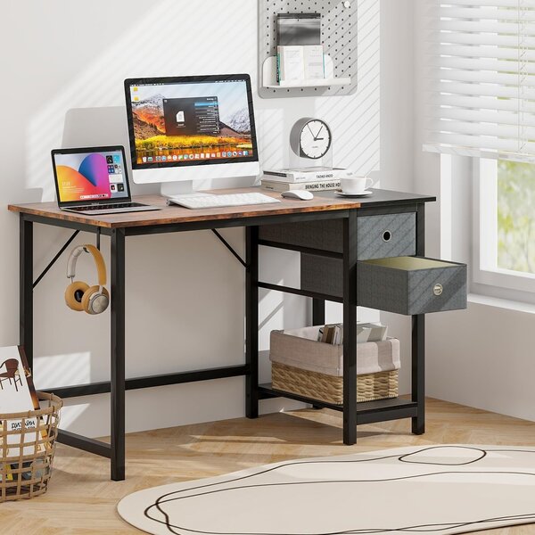 Scrivania da ufficio con ripiano e 2 cassetti, scrivania da 140 cm con ganci, scrivania da computer in metallo, portata fino a 195 kg (marrone)