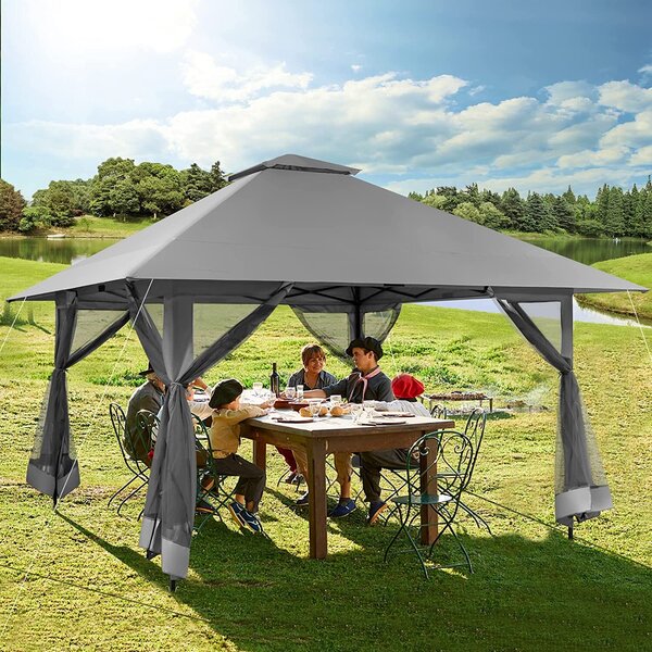 Gazebo 4 x 4 m, gazebo da giardino impermeabile e con protezione solare, tenda da giardino a doppio tetto regolabile in altezza con rivestimento in rete rimovibile, ideale per grigliate, matrimoni e campeggio (grigio)
