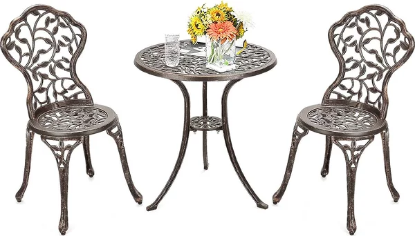 Set da bistrot 3 pezzi, tavolo da bistrot con 2 sedie, set di mobili da giardino in alluminio, set da giardino e da balcone in stile antico, set di mobili da balcone con salottino da esterno in bronzo