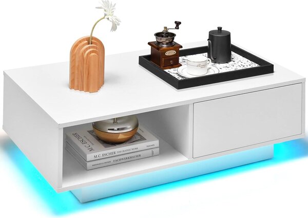 Tavolino con luci colorate e telecomando, moderno tavolino rettangolare con cassetto e ripiano aperto per il soggiorno (bianco)
