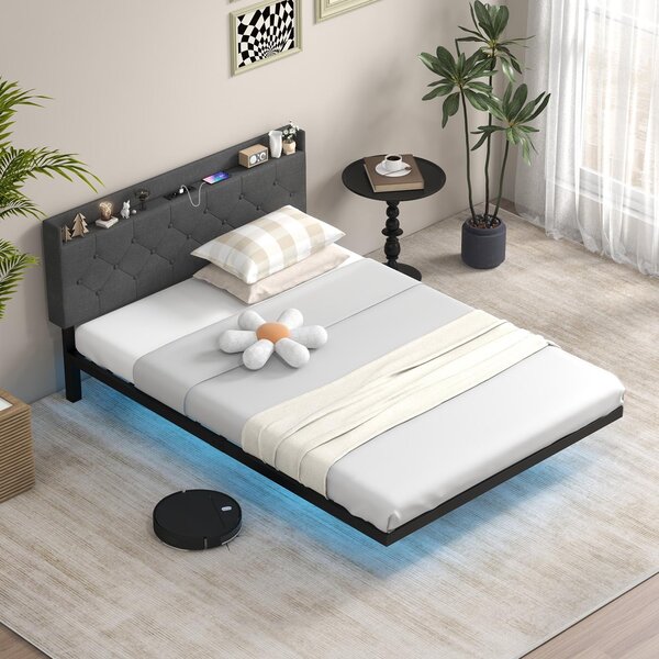 Struttura letto galleggiante a LED, letto in metallo 140 x 200 cm con rete a doghe, testata regolabile in altezza e prese di corrente, con vano portaoggetti e comando app, grigio