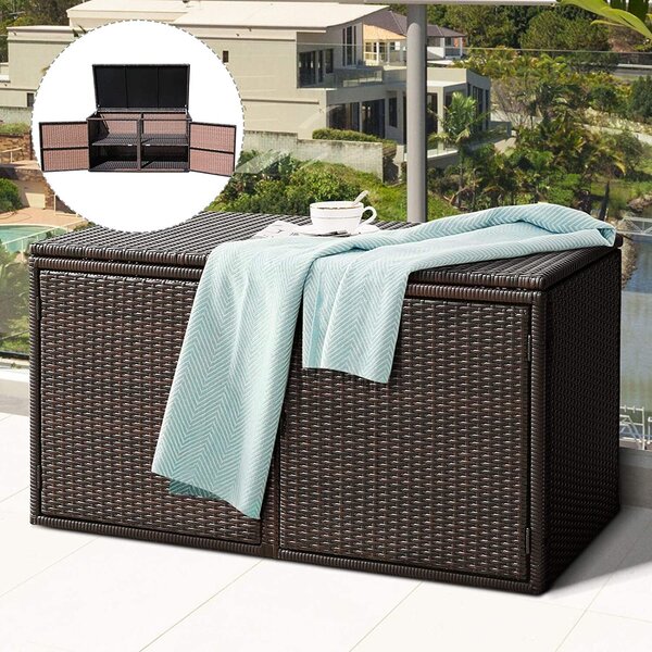 Contenitore da 330 litri con coperchio e doppia porta, contenitore da giardino in rattan con 2 ripiani, contenitore portaoggetti, contenitore per cuscini per giardino anteriore e cortile (marrone)