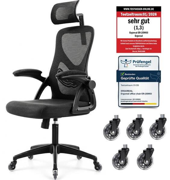Sedia da ufficio ergonomica con poggiatesta – Sedia da scrivania in rete, portata massima 200 kg, colore nero