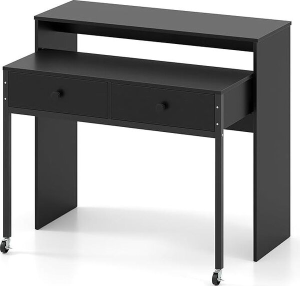 Postazione di lavoro allungabile, scrivania per computer con 2 ampi ripiani superiori e 2 vani portaoggetti, con rotelle, 100 x 63 x 88 cm, nero