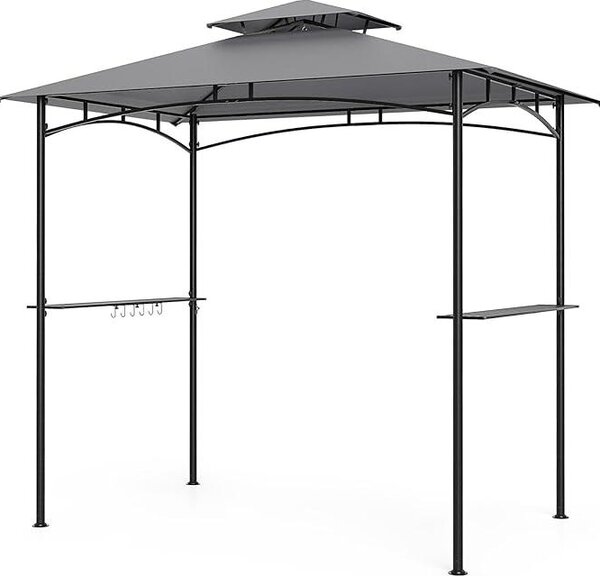 Gazebo per barbecue da 242 x 150 cm con doppio tetto, gazebo per barbecue con 2 ripiani, 6 ganci e struttura in metallo per esterni