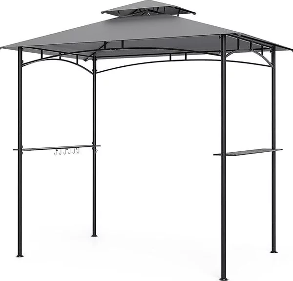Gazebo per barbecue da 242 x 150 cm con doppio tetto, gazebo per barbecue con 2 ripiani, 6 ganci e struttura in metallo per esterni