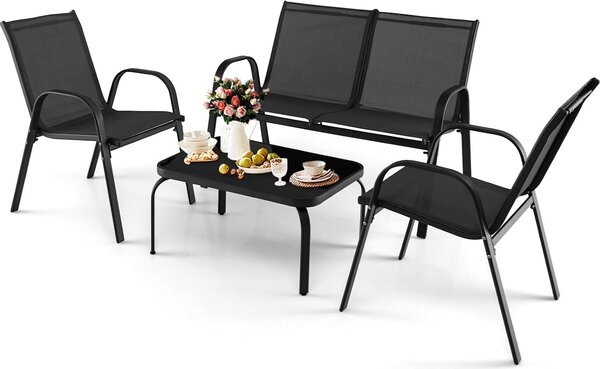 Set da giardino composto da 4 pezzi, set di sedie in tessuto traspirante con tavolino in vetro temperato e divanetto a due posti, set di divani in stile moderno, set di mobili da giardino per balcone, cortile, piscina, grigio