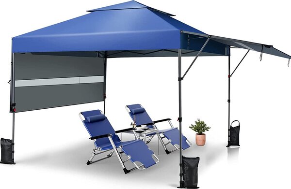 Gazebo pieghevole con doppia tettoia, altezza regolabile, prolunghe laterali regolabili e montanti in metallo, protezione UV 50+, gazebo da giardino impermeabile con borsa per il trasporto (blu)