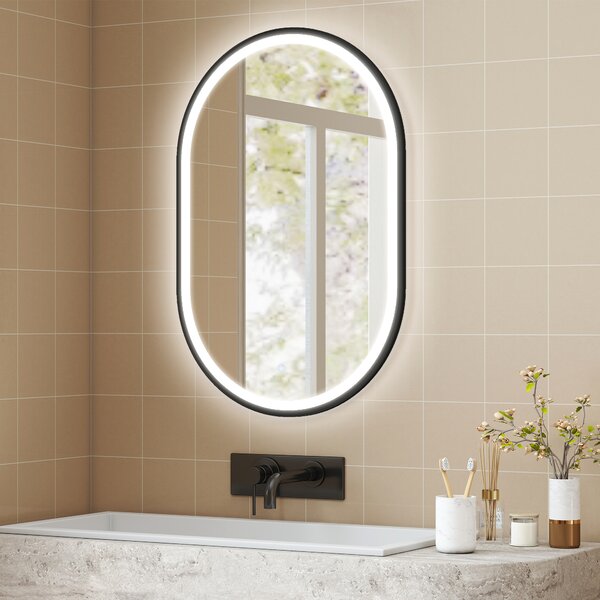 HOMCOM Specchio da Bagno con Luce Ovale 3 Colori di Luce Luminosità Regolabile Funzione Antiappannamento 60x90 cm Nero | Aosom Italy