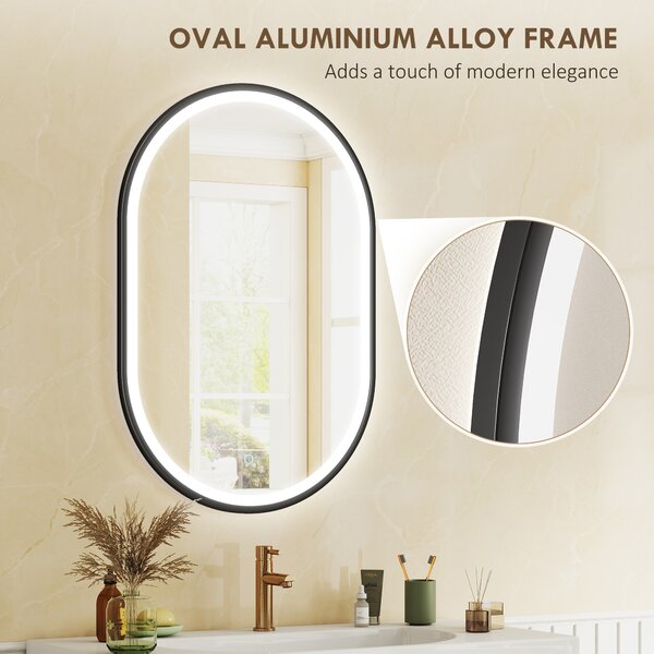 HOMCOM Specchio da Bagno con Luce Ovale 3 Colori di Luce Luminosità Regolabile Funzione Antiappannamento 60x90 cm Nero | Aosom Italy