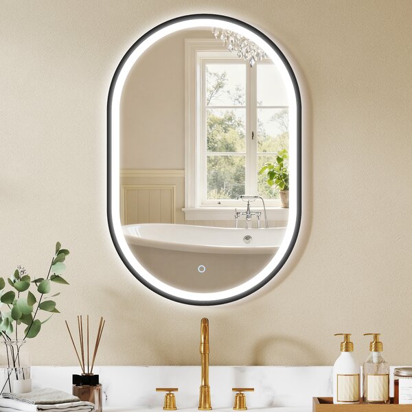 HOMCOM Specchio da Bagno con Luce Ovale 3 Colori di Luce Luminosità Regolabile Funzione Antiappannamento 60x90 cm Nero | Aosom Italy