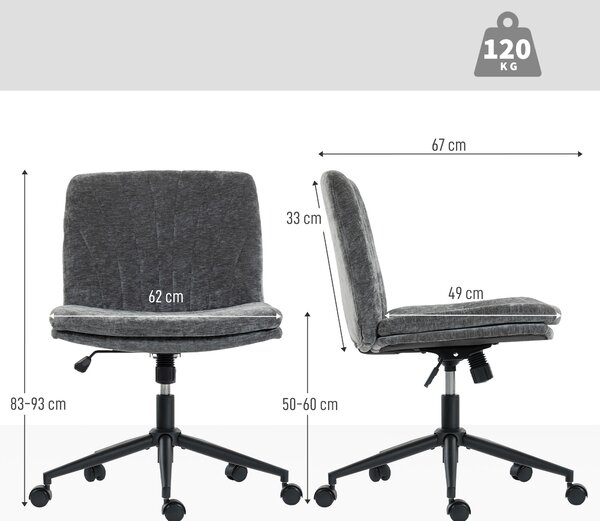 HOMCOM Sedia da Ufficio con Sedile Largo senza Braccioli, con Ruote e Altezza Regolabile, Girevole, Funzione Basculante Grigio | Aosom Italy