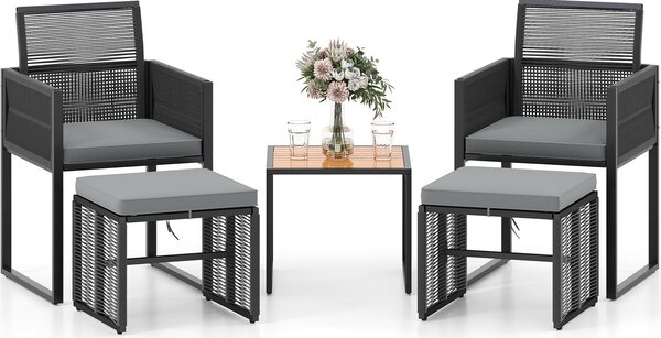 Set di mobili da giardino in rattan da 5 pezzi, mobili da salotto per esterni con tavolo in legno d'acacia, poltrone in rattan PE, cuscini sfoderabili e pouf impilabile