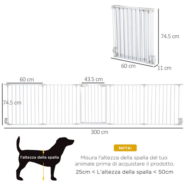 PawHut Cancellino per Cani Regolabile e Pieghevole con Chiusura Automatica e Blocco, 300x74.5 cm, Bianco | Aosom Italy