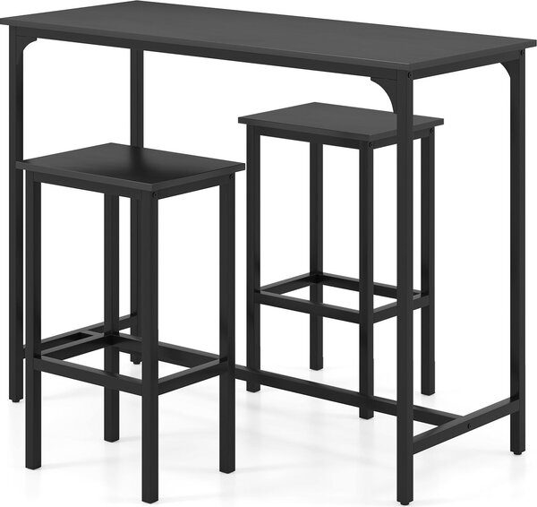 Set da bar composto da tavolo e sgabelli, tavolo da bar rettangolare da 120 cm con 2 sgabelli, set da tavolo ad altezza bancone con struttura in metallo e poggiapiedi, nero