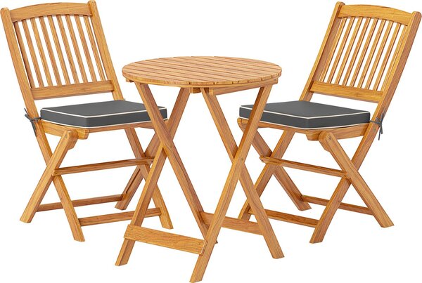 Set da patio a 3 pezzi in legno di acacia, tavolo e sedie pieghevoli da esterno con cuscini imbottiti, set di sedute per veranda, cortile, natura
