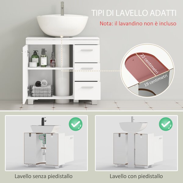 HOMCOM Mobile Moderno Sottolavabo Bagno con Armadietto, Ripiani e Cassetti, 70x30x64cm, Bianco | Aosom Italy