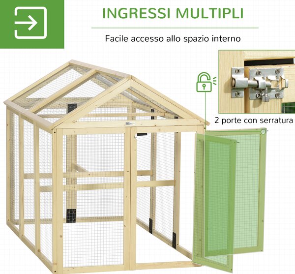 PawHut Recinto per Galline all'Aperto in Legno con Porte Multiple e Rete in Metallo, 140x88.5x106 cm, color Legno | Aosom Italy
