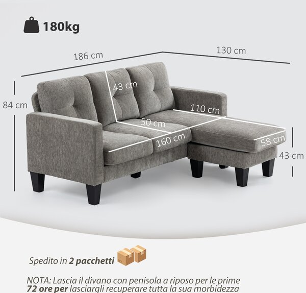 HOMCOM Divano Angolare 3 Posti con Cuscino per Seduta e Schienale, in Tessuto Effetto Ciniglia, 186x130x84 cm, Marrone