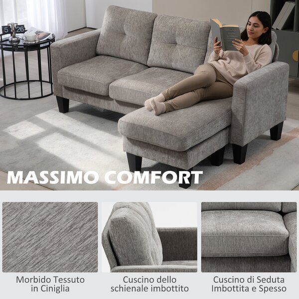HOMCOM Divano Angolare 3 Posti con Cuscino per Seduta e Schienale, in Tessuto Effetto Ciniglia, 186x130x84 cm, Marrone