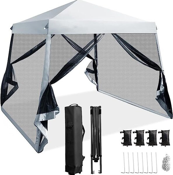 Gazebo pop-up 3 x 3 m con zanzariera e 3 livelli di regolazione in altezza, gazebo da giardino con struttura in metallo, pannelli laterali rimovibili e borsa per il trasporto, tenda per feste con protezione UV per festival e feste (grigio)