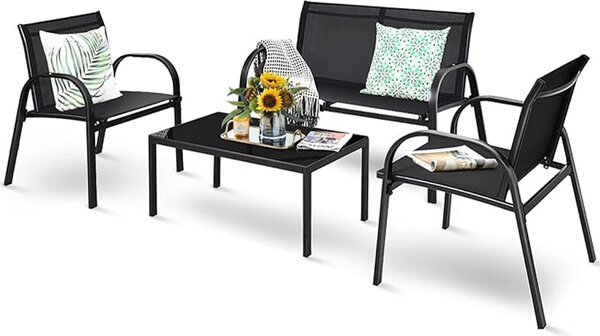 Set da giardino lounge, set da giardino lounge con tavolino, panca da giardino e 2 sedie da pranzo, set da balcone in Textilene per 4 persone (nero)