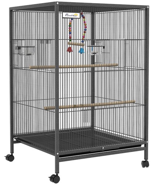PawHut Gabbia per Uccelli con 5 Porte, 2 Posatoi e Vassoio Estraibile, in Acciaio e PP, 48x46x74 cm, Grigio | Aosom Italy