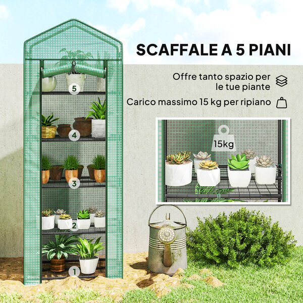 Outsunny Mini Serra a 5 Livelli da giardino con Porta a Zip per Piante, in Acciaio e PE, 69x49x193 cm, Verde | Aosom Italy