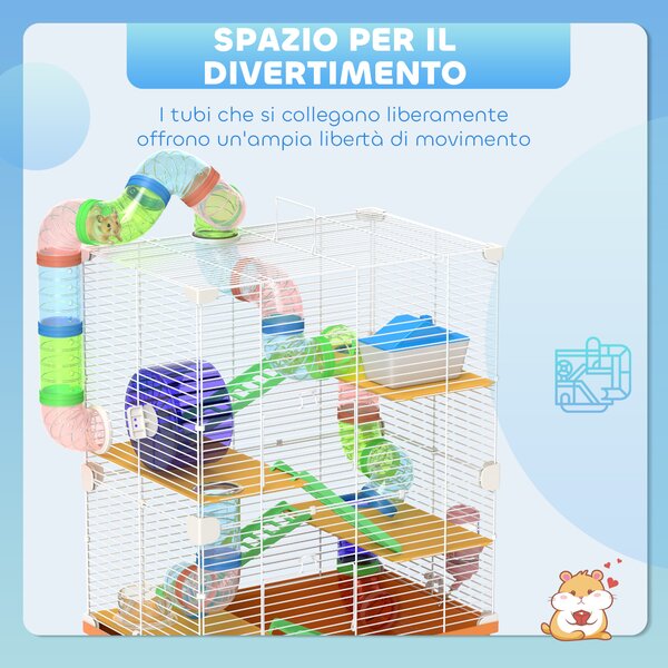 PawHut Gabbia per Criceti a 5 Livelli con Tubi, Ruota, Scale, Casetta e Bottiglia, 46x30x58 cm, Arancione | Aosom Italy