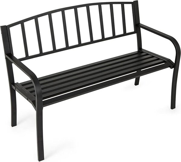 Panca da giardino in metallo per esterni con schienale a doghe e braccioli curvi, portata 300 kg, panca per 2-3 persone