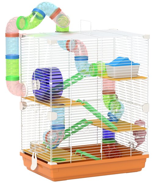 PawHut Gabbia per Criceti a 5 Livelli con Tubi, Ruota, Scale, Casetta e Bottiglia, 46x30x58 cm, Arancione | Aosom Italy