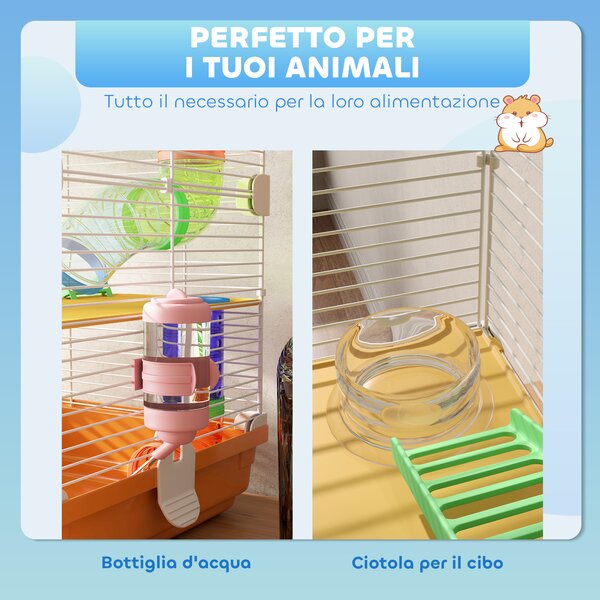 PawHut Gabbia per Criceti a 5 Livelli con Tubi, Ruota, Scale, Casetta e Bottiglia, 46x30x58 cm, Arancione | Aosom Italy