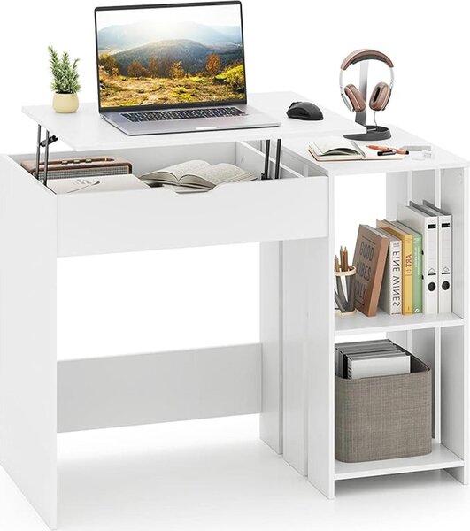 Scrivania per computer con funzione di sollevamento, scrivania da studio con 1 scomparto nascosto e 2 scomparti aperti, postazione di lavoro, 100 x 49 x 75 cm, bianco